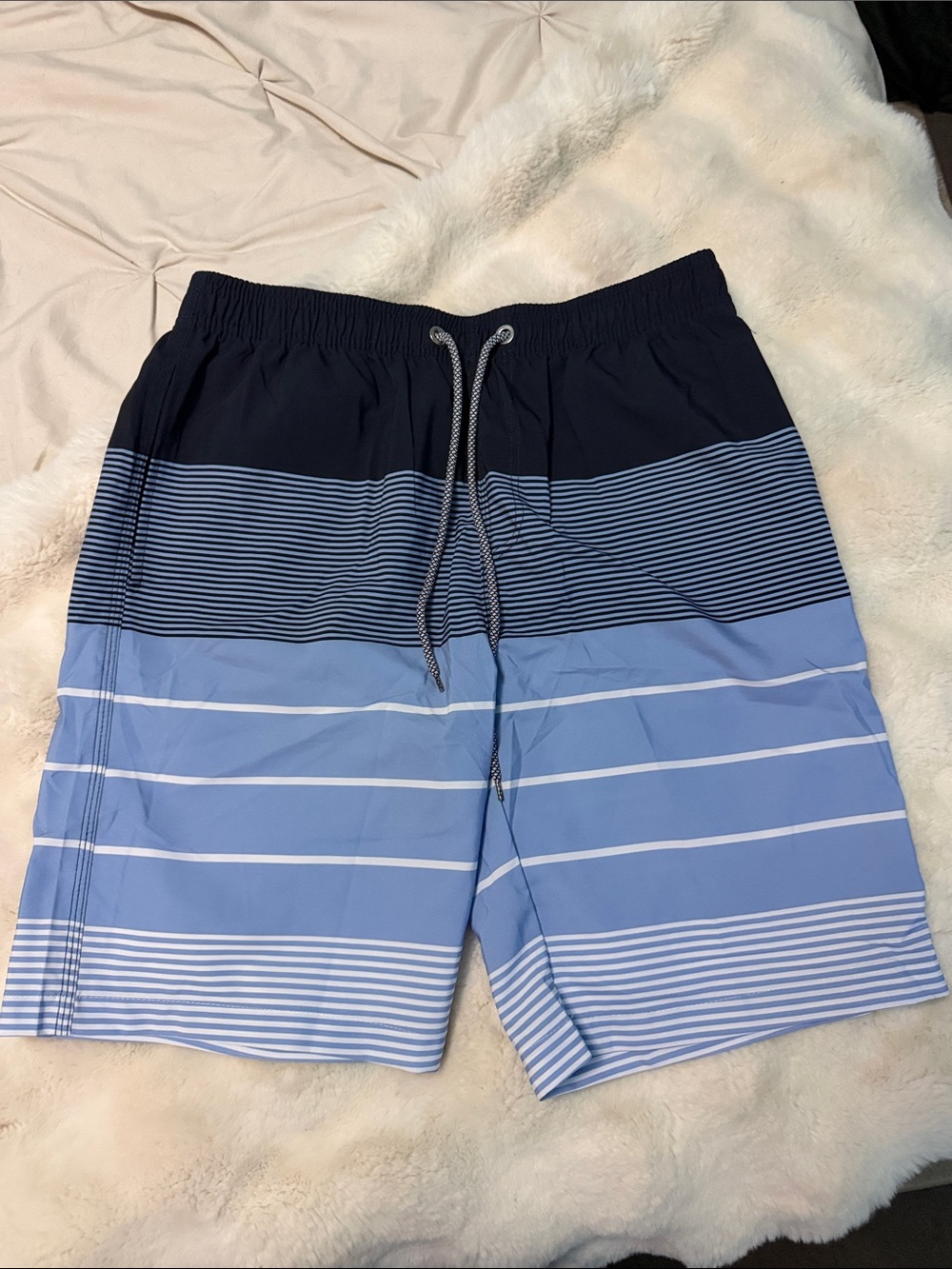 Men's Blue Striped Swim Trunks with Drawstring